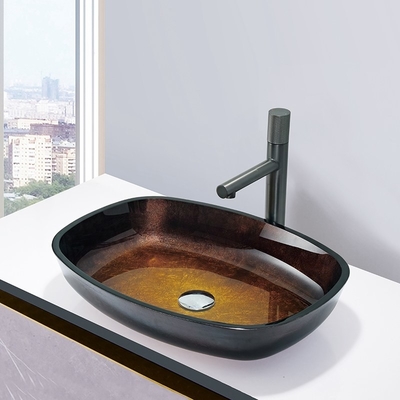 Gradient Brown Tempered Bathroom Wash Basins Melon Shape Table Top Solid Glass Sinks